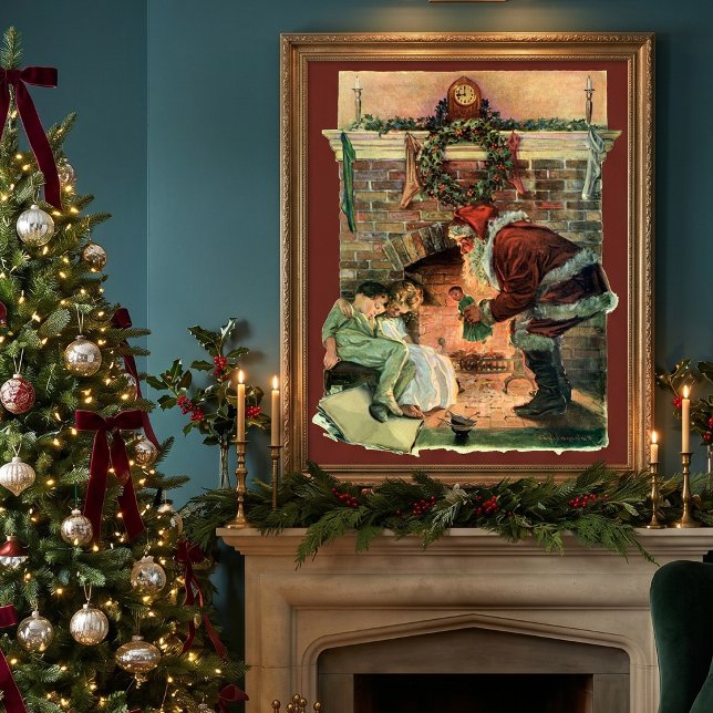 Póster Natal Antigo, Papai Noel Vitoriano Crianças (Vintage Santa Claus delivering toys to sleeping children by the fireplace on Christmas Eve.)