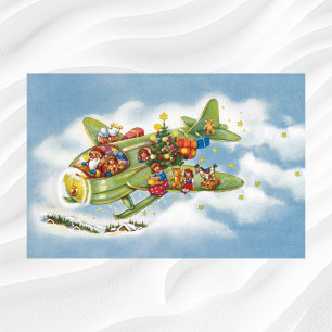Póster Natal Antigo, Papai Noel Voando um Avião