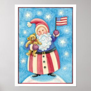 Póster Natal bonito, Papai Noel Patriótico com Bandeira