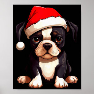 Poster Natal Boston Terrier Cachorro Chapéu do Papai Noel