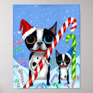 Poster Natal Boston Terrier Cogs Candy Cane Santa Hat