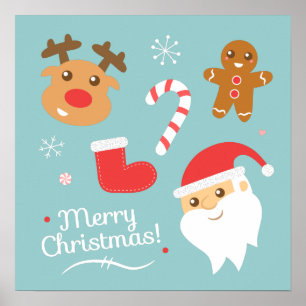 Póster Natal com Papai Noel, Rena, Homem de Biscoito