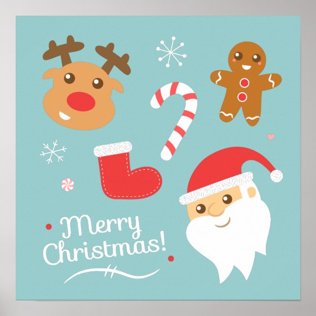 Póster Natal com Papai Noel, Rena, Homem de Biscoito (Frente)