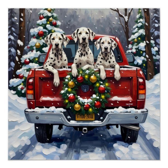 Póster Natal Dalmatiano Caminhonete Vermelha Feriado (Frente)