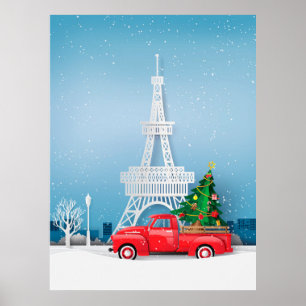 Poster Natal de Caminhão Vermelho na Torre Eiffel de Par
