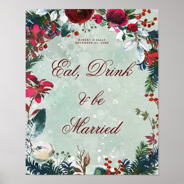Poster natal de inverno comer bebida casar sinal casament (Frente)