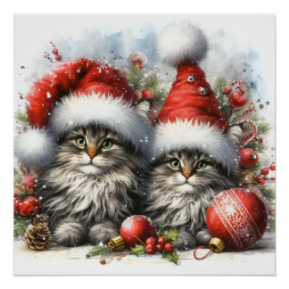Póster Natal de Kittens Santa Hat