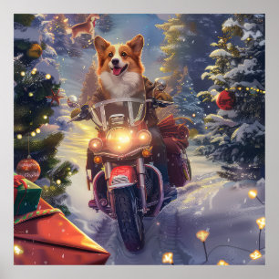 Poster Natal de Motocicleta Corgi