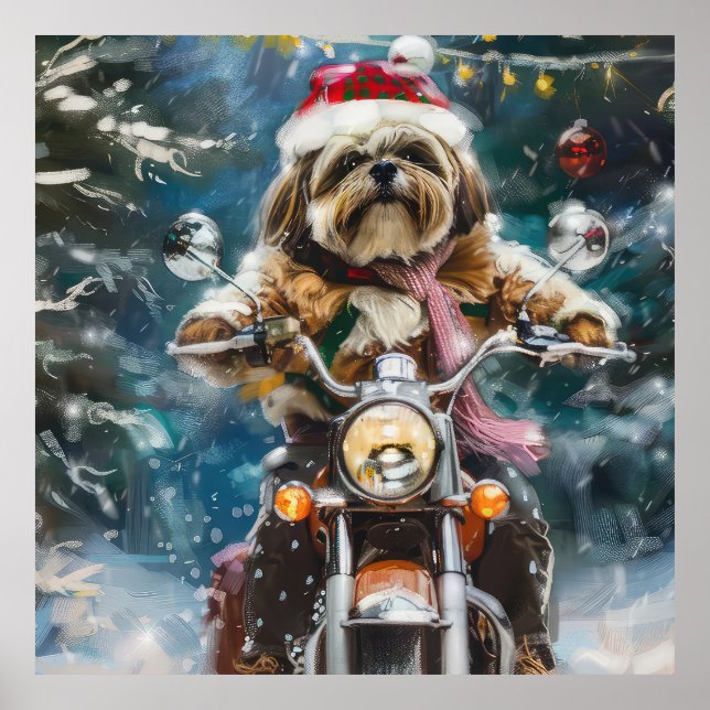 Poster Natal de Motocicleta de Lhasa Apso (Frente)