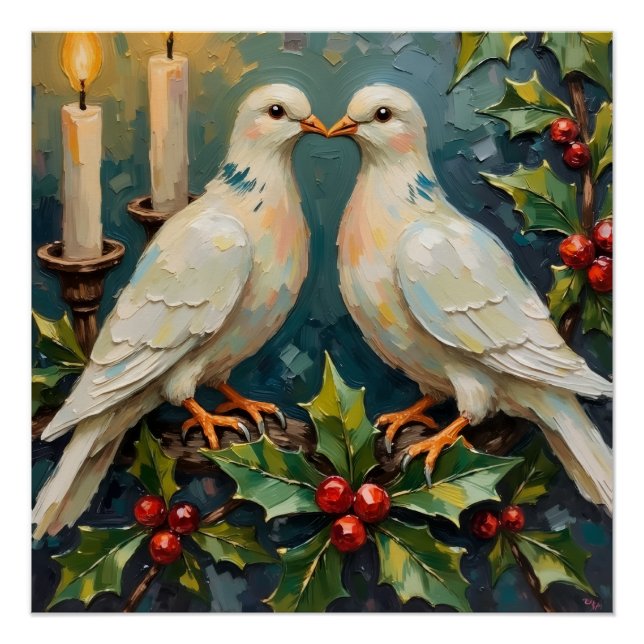Póster Natal de Pombas Brancas e Grinalda de Azevinho Vin (Frente)