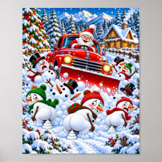 Poster Natal Divertido Limpa-Neve do Papai Noel e Bonecos