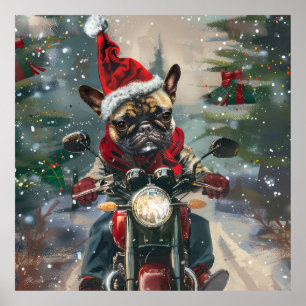 Poster Natal do Buldogue Francês Andando Motocicleta
