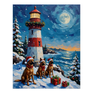 Póster Natal do Farol de Natal com Malinois Belga