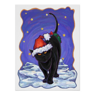 Póster Natal do gato preto de noite estrelado