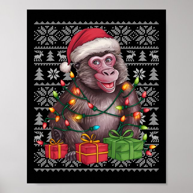 Poster Natal do Xmas Sweater Style Feia Santa Hat Baboon (Frente)