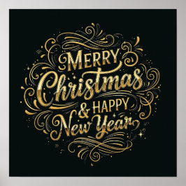 Poster Natal e Feliz ano novo alegres e Dourados