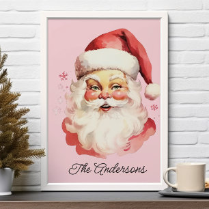 Poster Natal em Família com Papai Noel Vintage Retro Cor-