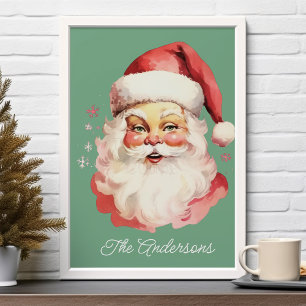 Poster Natal em Família Papai Noel Vintage Verde Retrô