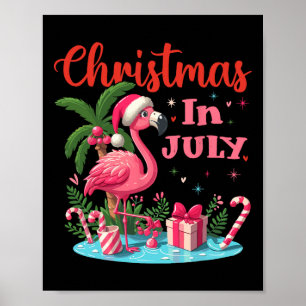 Poster Natal Em Julho Flamingo Rosa Chapéu De Papai Noel