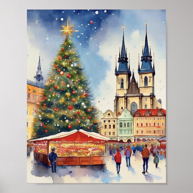 Poster Natal em Praga República Checa - Aquarela (Frente)