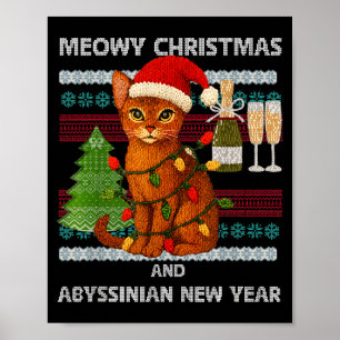 Poster Natal Feliz Meowy Gato Abissínio Chapéu de Papai N