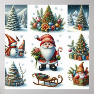 Poster Natal, Férias, Papais noeis, trenó, Árvore de Nata