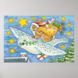 Póster Natal fofo com Coelho como Papai Noel em uma Coruj