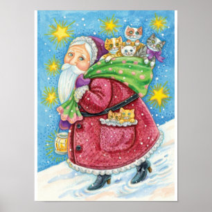 Póster Natal fofo, Papai Noel com Gatinhos e Gatos!