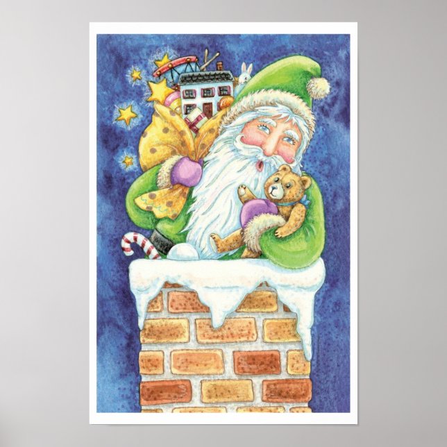 Póster Natal Fofo, Papai Noel na Chaminé com Brinquedos (Frente)