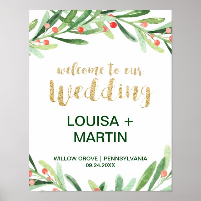 Póster Natal Holly Wreath Wedding Bem-vindo (Frente)
