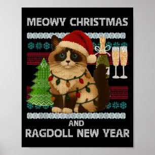 Poster Natal Meowy Engraçado Gato Ragdoll Chapéu de Papai