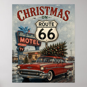 Poster Natal na Rota 66 Carro Antigo Blue Swallow