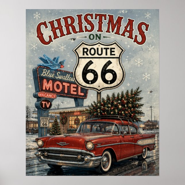 Poster Natal na Rota 66 Carro Antigo Blue Swallow  (Frente)
