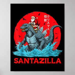 Poster Natal Papai Noel Montado no Monstro Japonês Kaiju