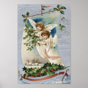 Póster Natal vintage, anjos do Victorian em um veleiro