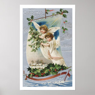Póster Natal vintage, anjos do Victorian em um veleiro