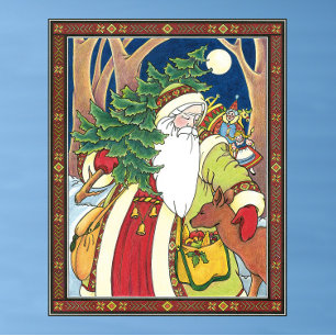Poster Natal vintage, cervos de Papai Noel na floresta