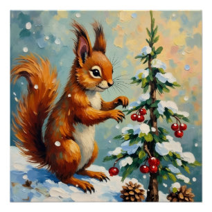 Póster Natal Vintage com Esquilo Vermelho e Pinheiro de N