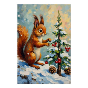 Póster Natal Vintage com Esquilo Vermelho e Pinheiro de N
