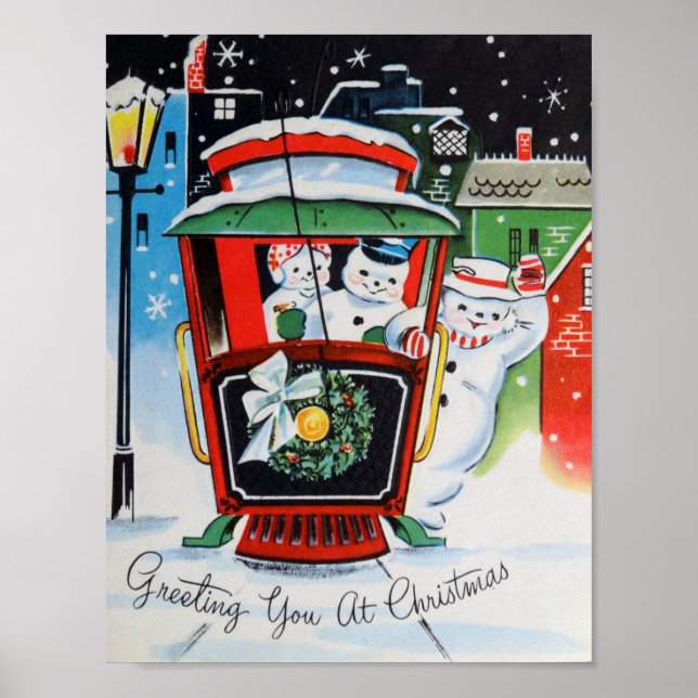 Poster Natal vintage da Família Snowman (Frente)