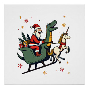 Póster Natal Vintage Dinossauro Unicórnio Trenó Divertido
