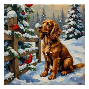 Póster Natal Vintage do Cocker Spaniel e Cardinals