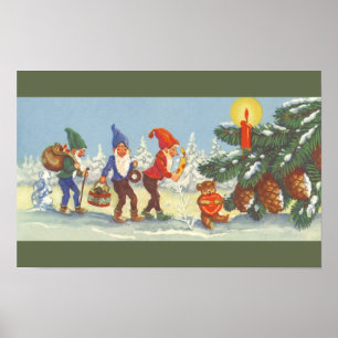 Poster Natal vintage, duendes no inverno da floresta da
