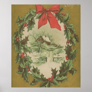 Póster Natal vintage grinalda e cabine do inverno