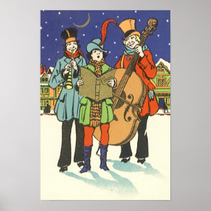 Póster Natal vintage, músicos Caroling com música