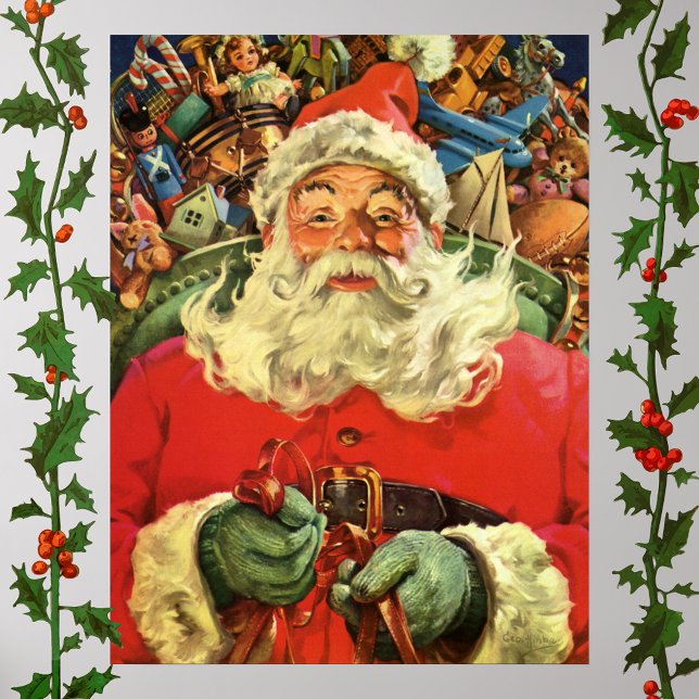 Póster Natal vintage Papai Noel em Sleigh com Brinquedos (Criador carregado)