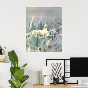 Póster Natal vintage, pessoas que vão à igreja na neve