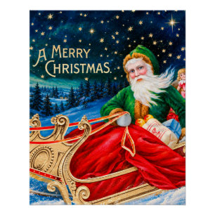 Póster Natal Vintage Verde Trenó do Papai Noel Estrela No