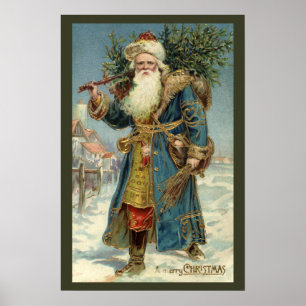 Poster Natal vintage, Victorian Papai Noel com árvore