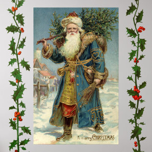 Poster Natal vintage, Victorian Papai Noel com árvore